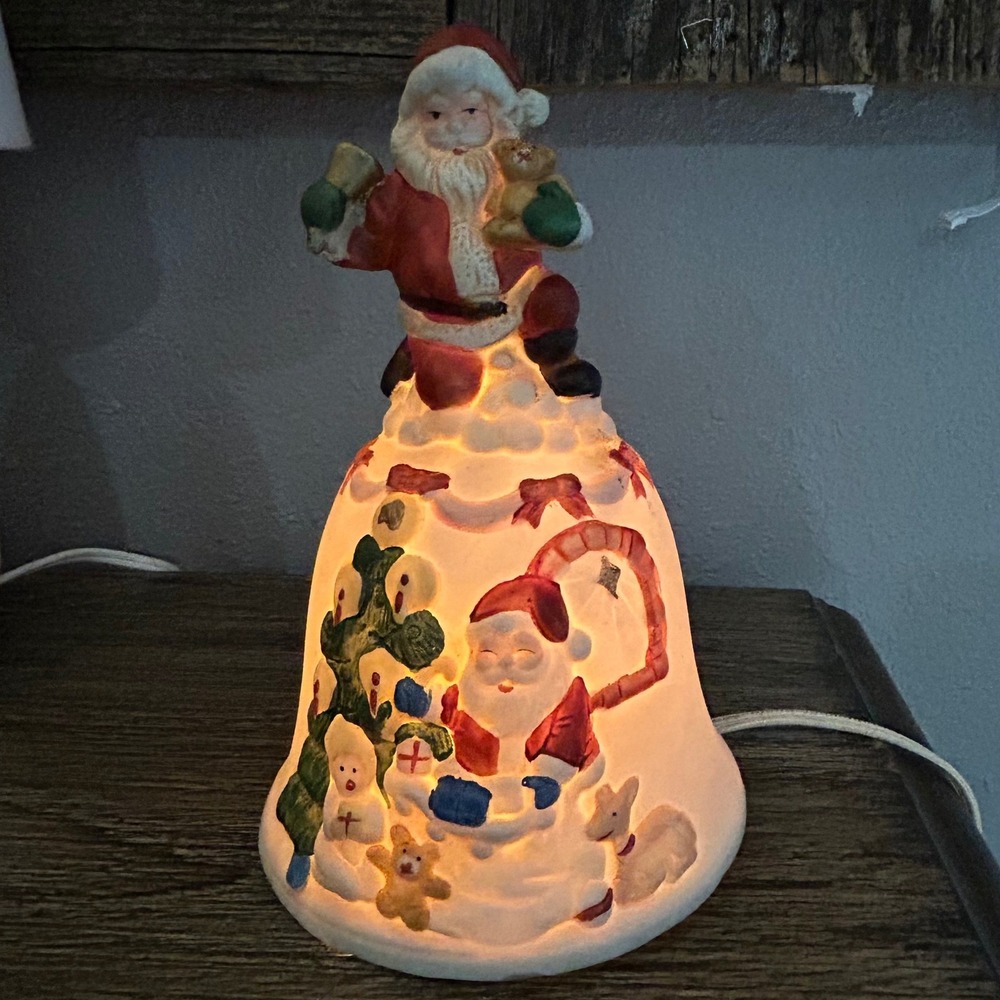 Vintage Ceramic Santa Claus Bell Night Light Christmas Table Lamp Hand Painted